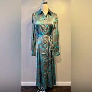 Aqua Green Teal and Brown Long Sleeve Dress